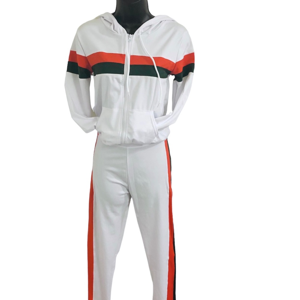 2pc White Orange Olive Striped Stretch Jersey Hoodie Leggings Set Size Medium